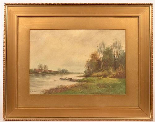 19TH CENT. LAKE AND ROW BOAT SCENE