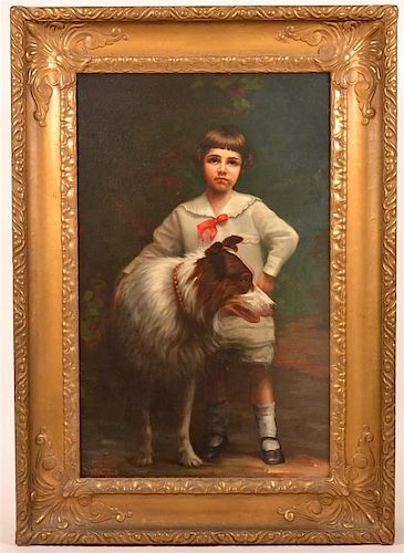 OIL PAINTING OF A CHILD WITH COLLIE