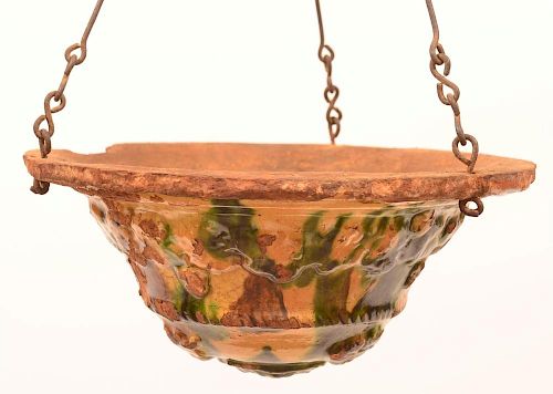 UNSIGNED REDWARE POTTERY HANGING 39caed