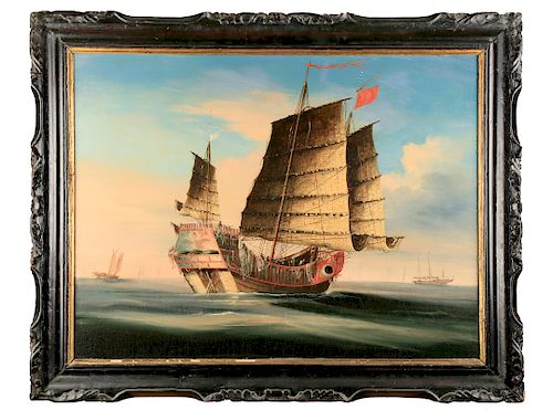 CHINESE EXPORT PAINTING OF A JUNK 39cbc3