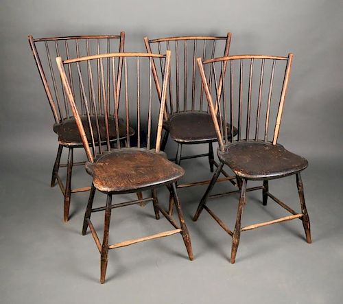 FOUR BLACK PAINTED PRIMITIVE WINDSOR