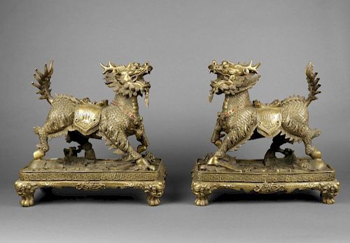 PAIR OF CHINESE BRASS QILIN FIGURES  39cd24