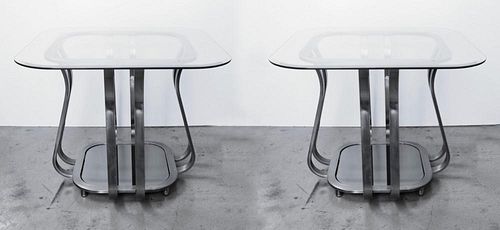 PAIR OF METAL AND GLASS END TABLES,