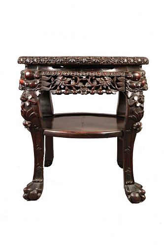 A CHINESE TEAK WOOD AND MARBLE