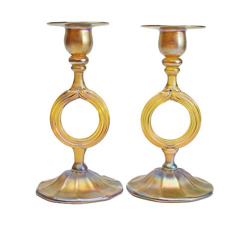 PAIR LCT TIFFANY FAVRILE GOLD CANDLESTICKSA 39ce30