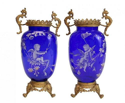 PAIR ENAMEL DECORATED GLASS VASESA 39cecb