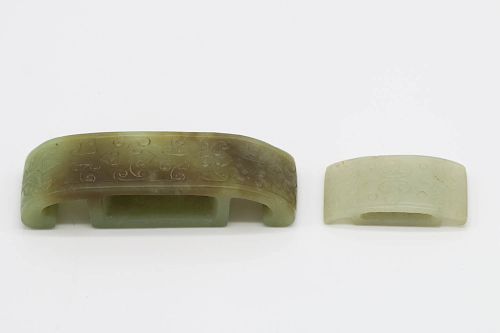 TWO JADE CARVED BELT HOOKSan archaistic 39cf7a