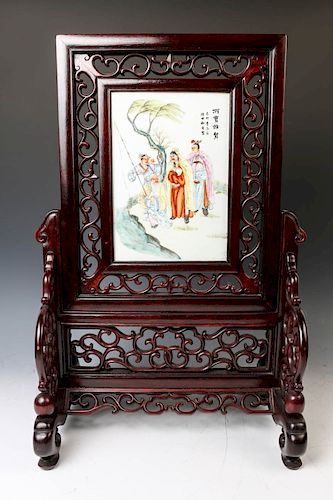 FAMILLE ROSE FIGURAL PANEL AND STAND,