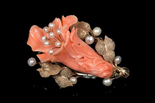 CORAL AND PEARL BROOCHA delicate flower