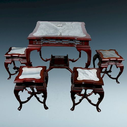 MARBLE INLAID HARDWOOD TABLE WITH 39d151
