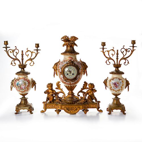 3 PC ANTIQUE GARNITURE WITH CLOCKGilt 39b182