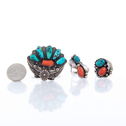 TURQUOISE, CORAL RING; STERLING