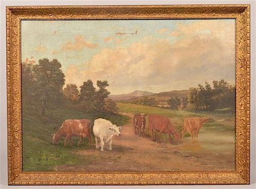 19TH CENTURY COWS BY A STREAM OIL