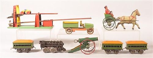 FIVE VARIOUS TIN TOYS.Car #E31277 Engine