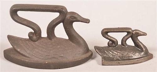 TWO ANTIQUE CAST IRON SWAN FLAT 39b9c8