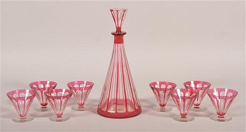 CRANBERRY CUT TO CLEAR GLASS 9 PIECE
