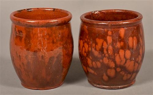 2 PA MOTTLED GLAZED REDWARE STORAGE