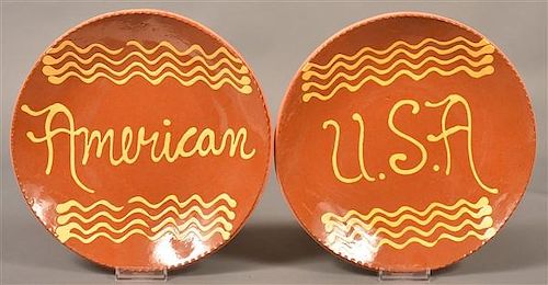 TWO BREININGER POTTERY SLIP DECORATED