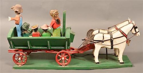 FOLK ART HORSE DRAWN WAGON BY LUKE GOTTSHALL.Carved