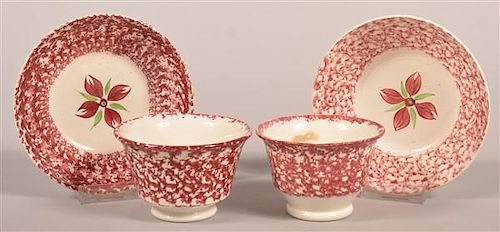 2 RED SPONGE CHINA CUPS AND SAUCERS.Two