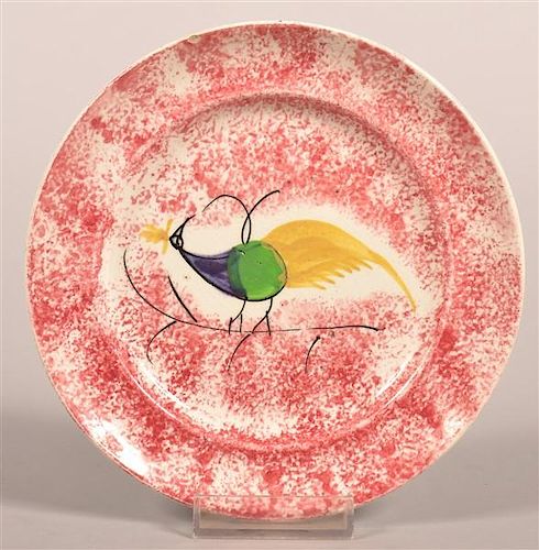 RED SPATTER PEAFOWL PATTERN PLATE.Red