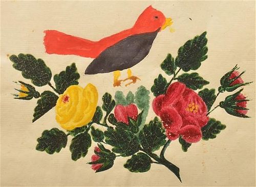 PA 19TH CENT BIRD FLORAL WATERCOLOR 39bc65