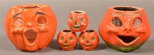 FIVE HALLOWEEN PAPER MACHE JACK-O-LANTERNS.Five