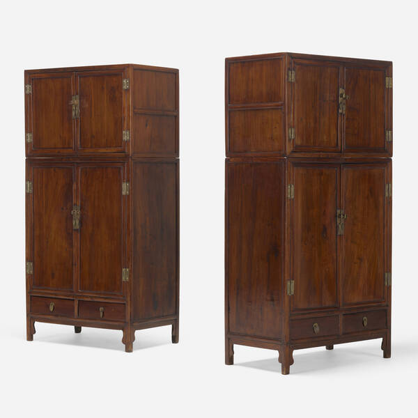 Chinese. Cabinets, pair. elm, brass.