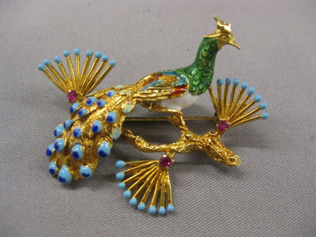 18k Enameled Gold & Ruby Peacock