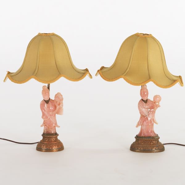 A PAIR OF CARVED ROSE QUARTZ LAMPS