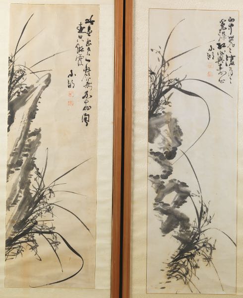 TWO FRAMED SCROLL PANELS OF ORCHIDS