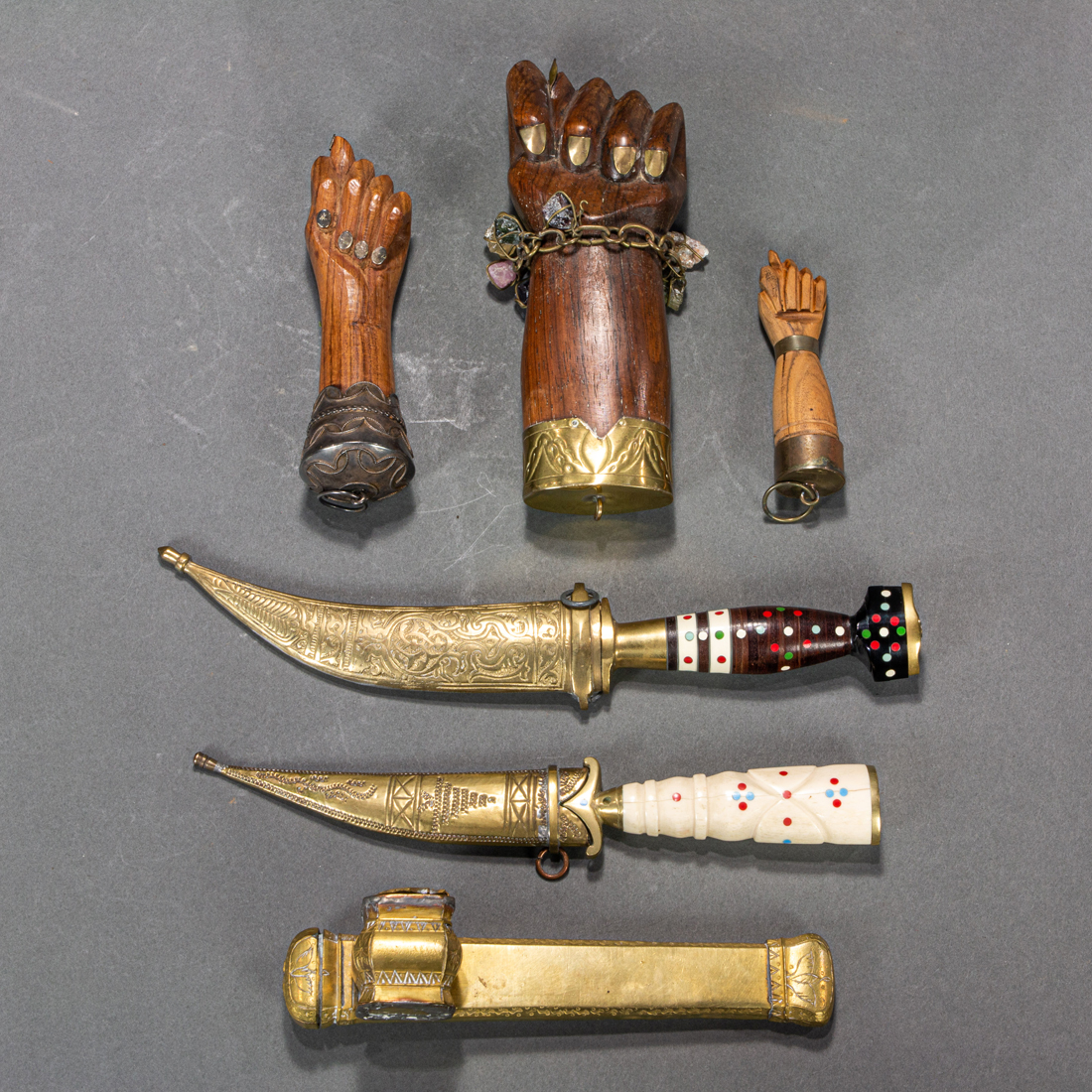 SIX INDIAN BRASS AND WOOD ITEMS