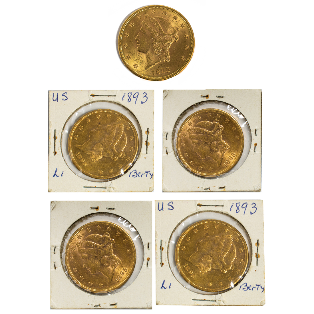 FIVE LIBERTY HEAD $20 GOLD COINS: