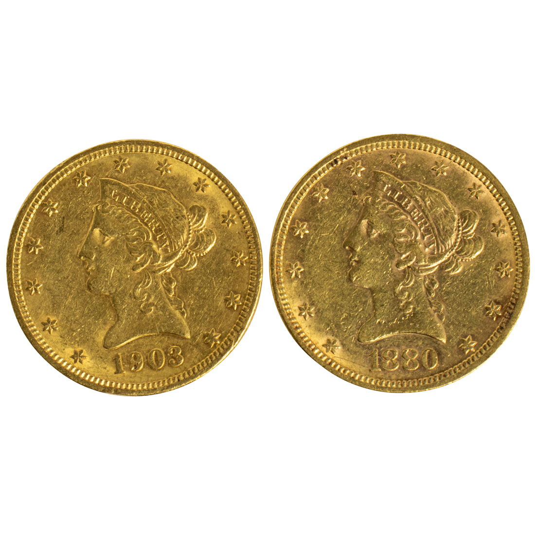 TWO 10 LIBERTY GOLD EAGLES 1880 3a0e21