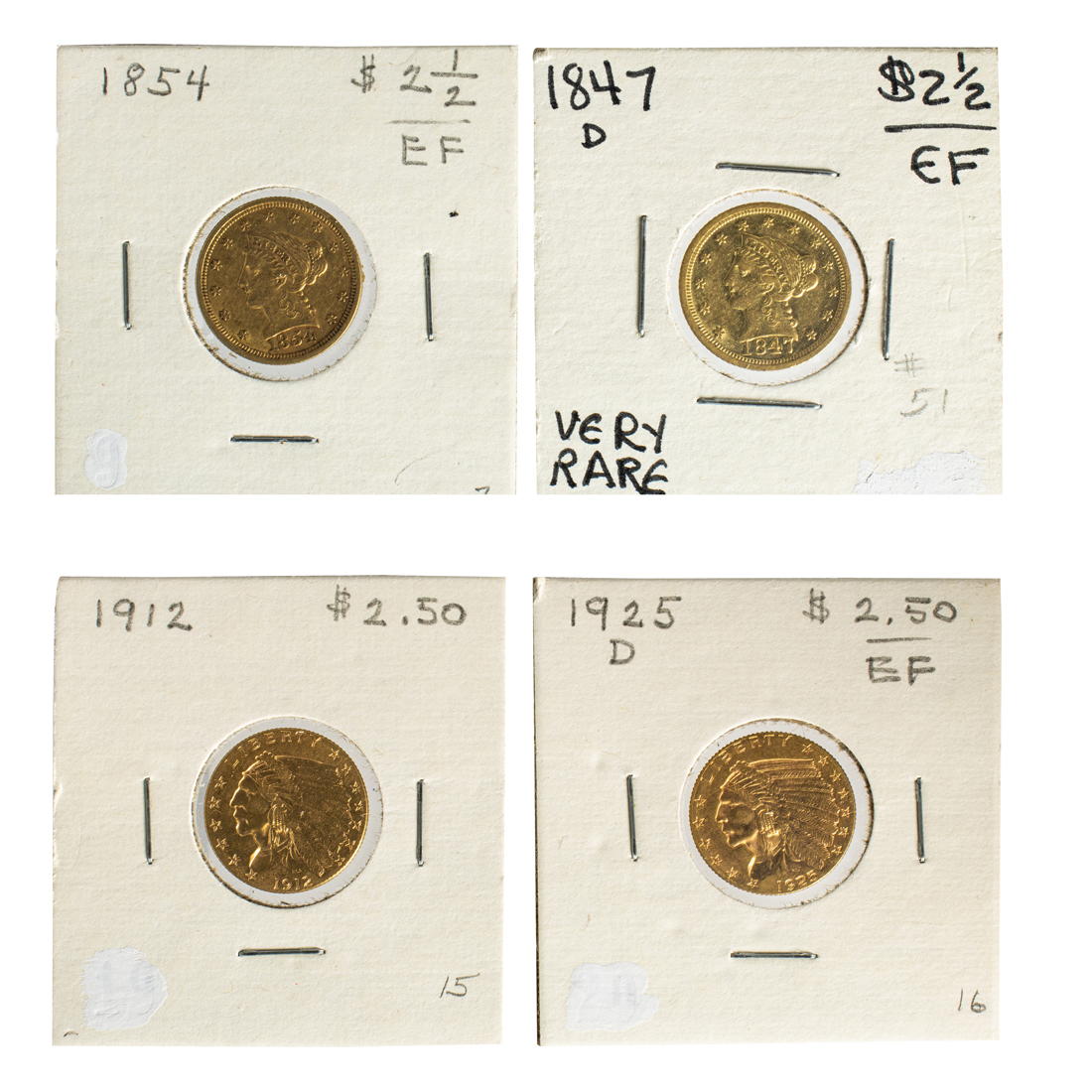 FOUR $2 1/2 GOLD COINS: 1847D (UNC);