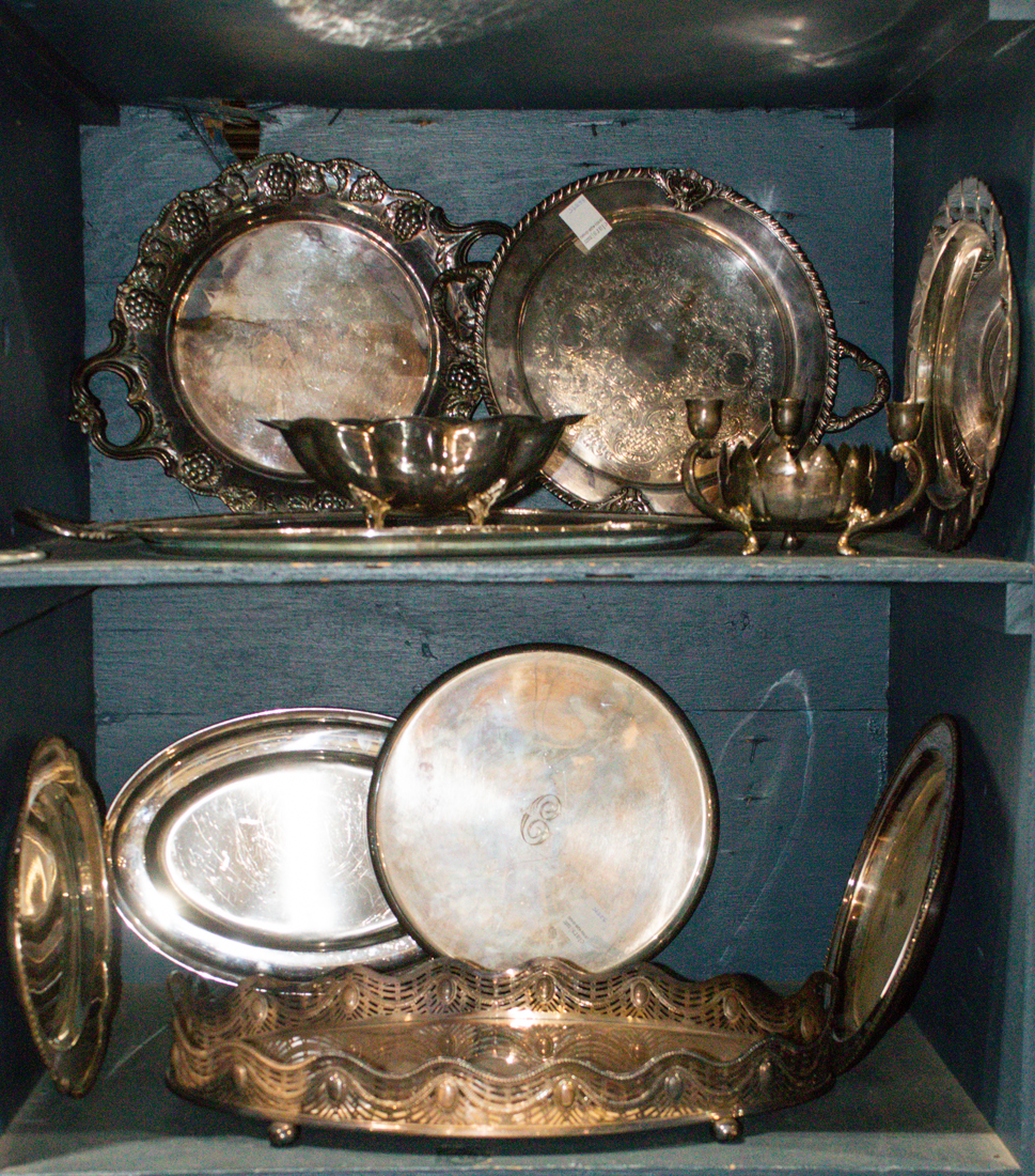 TWO SHELVES OF MAINLY SILVER PLATE