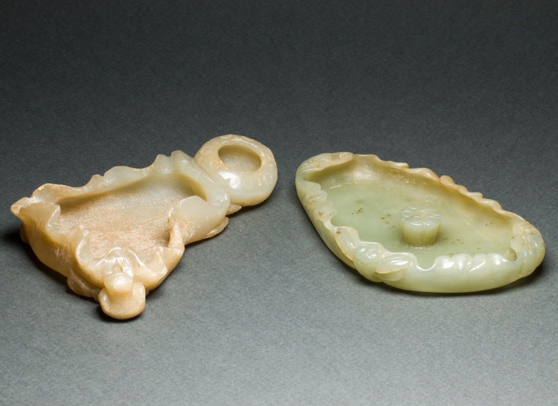 TWO CHINESE CELADON JADE BRUSH