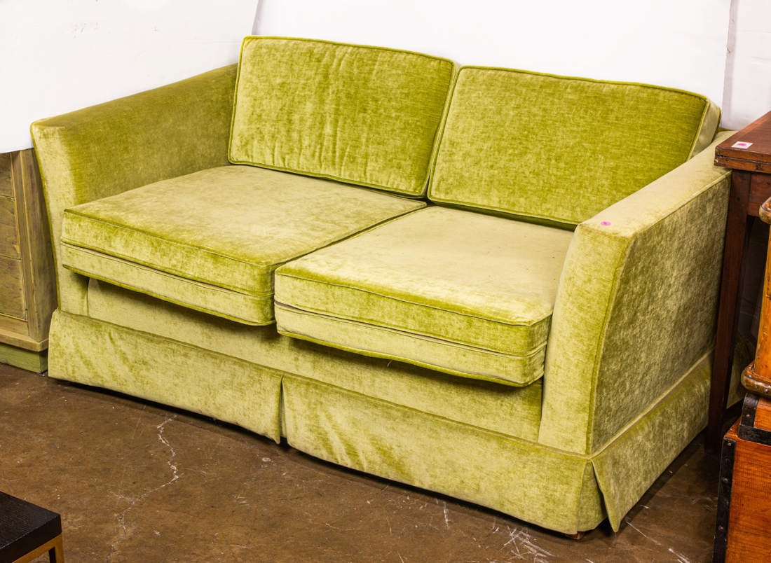 A MODERN GREEN UPHOLSTERED TWO SEAT 3a149b