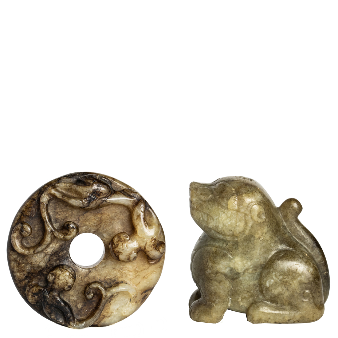TWO CHINESE MOTTLED JADE MYTHICAL 3a15ce