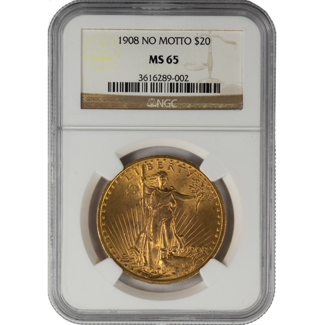 1908 NO MOTTO $20 GOLD ST 1908