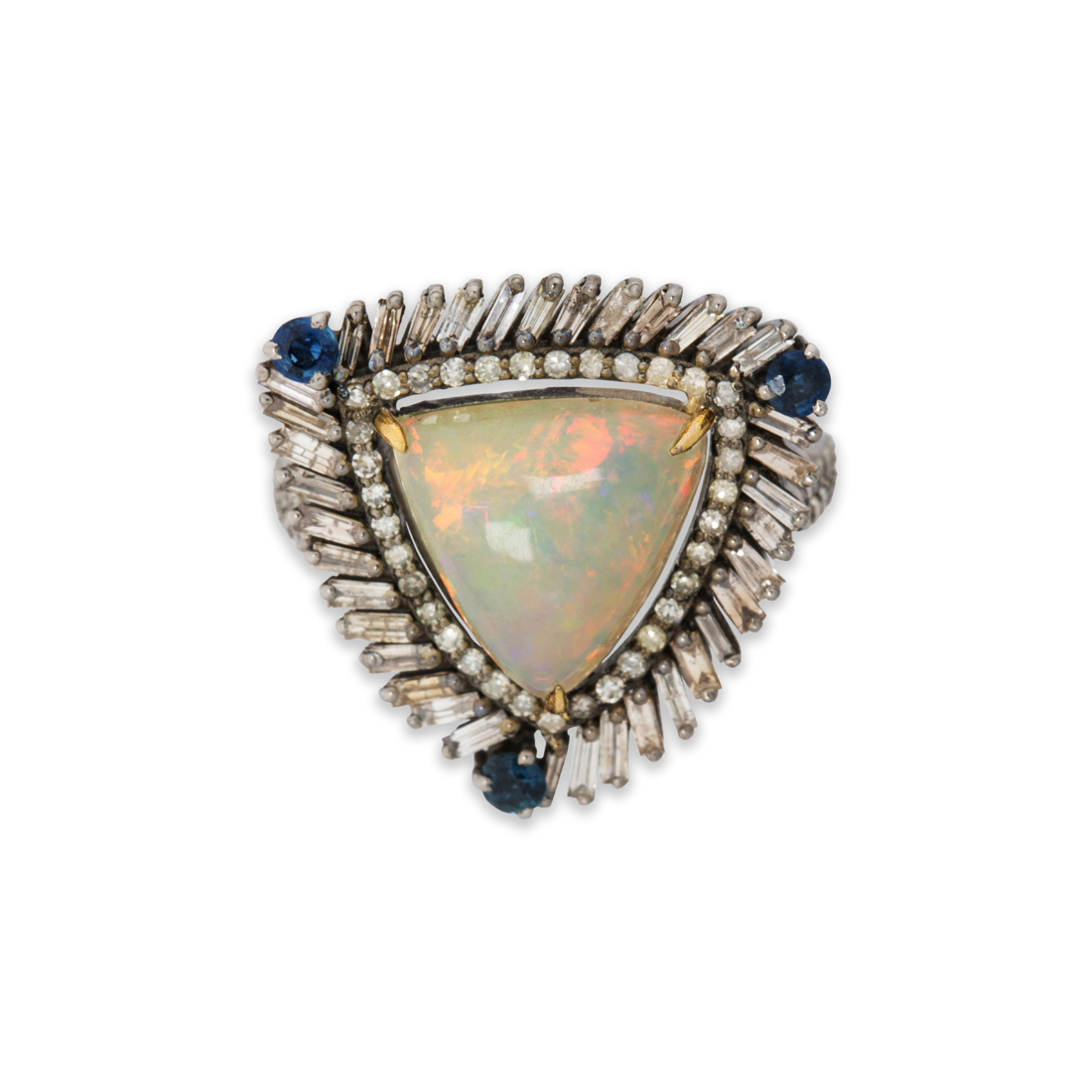 AN OPAL, DIAMOND AND SAPPHIRE RING