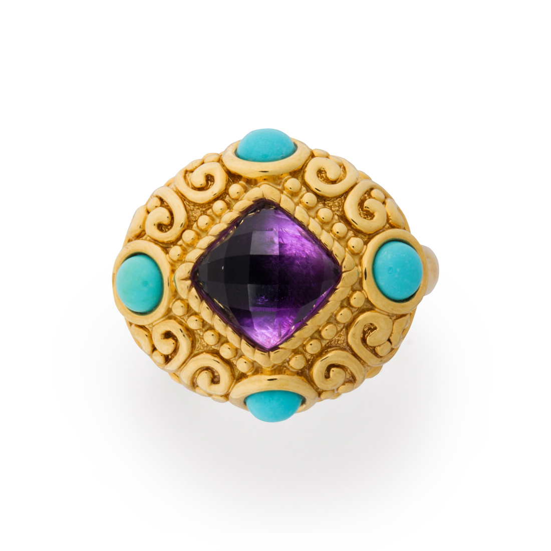 AN AMETHYST, TURQUOISE AND FOURTEEN