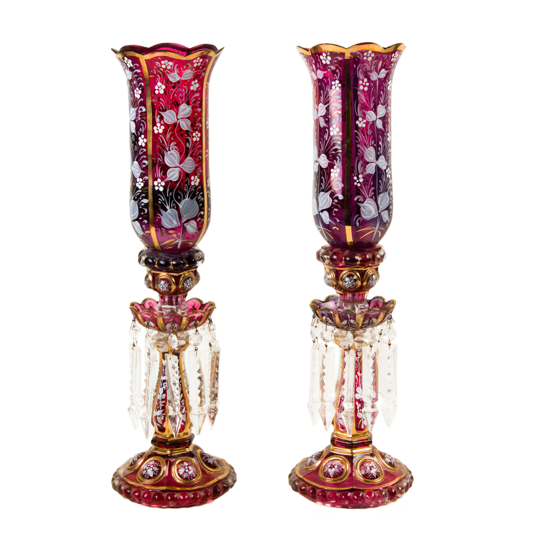 A PAIR OF BACCARAT STYLE ENAMELED AND