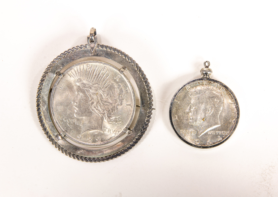 (LOT OF 2) SILVER COIN PENDANTS,