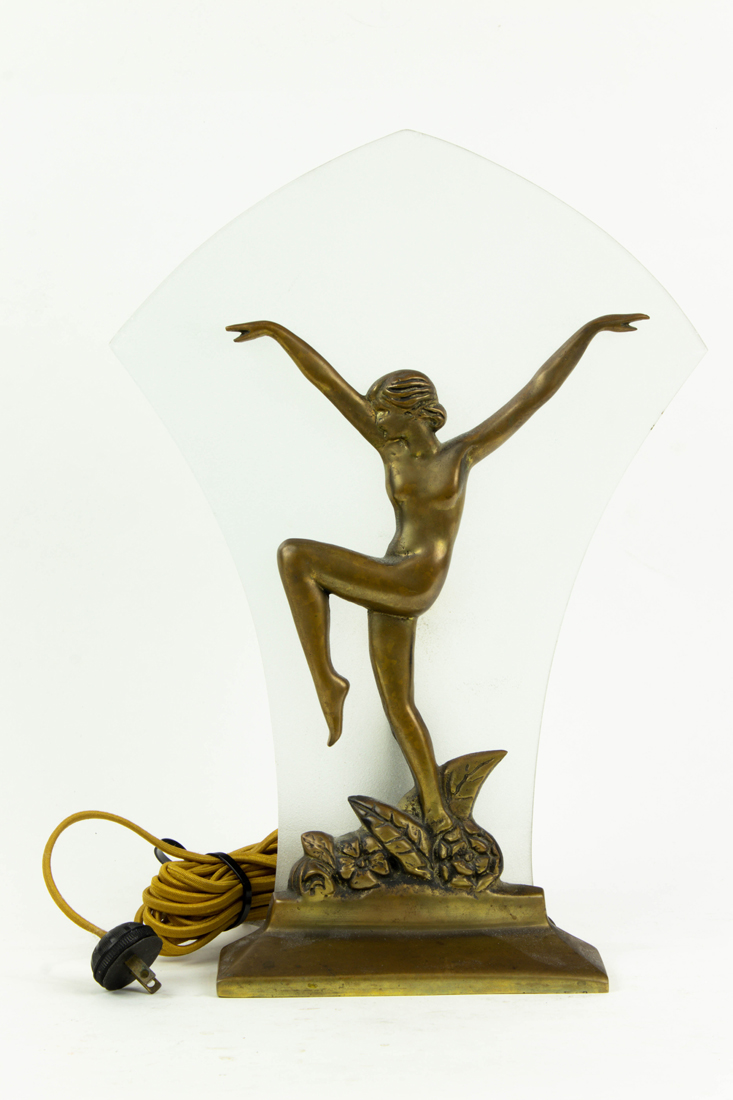 ART DECO BRONZE AND GLASS FIGURAL LAMP