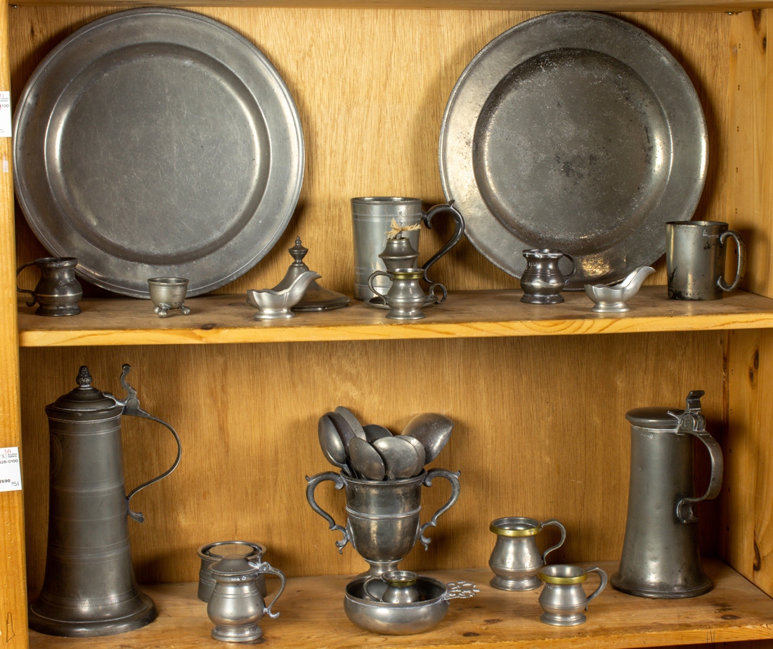 TWO SHELVES OF PEWTER INCLUDING