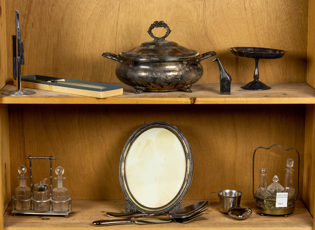 TWO SHELVES OF SILVER, SILVER PLATE