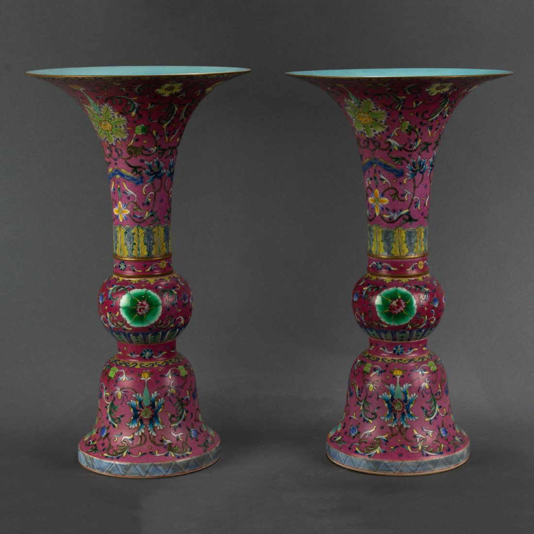 PAIR OF FAMILLE ROSE GU FORM VASES