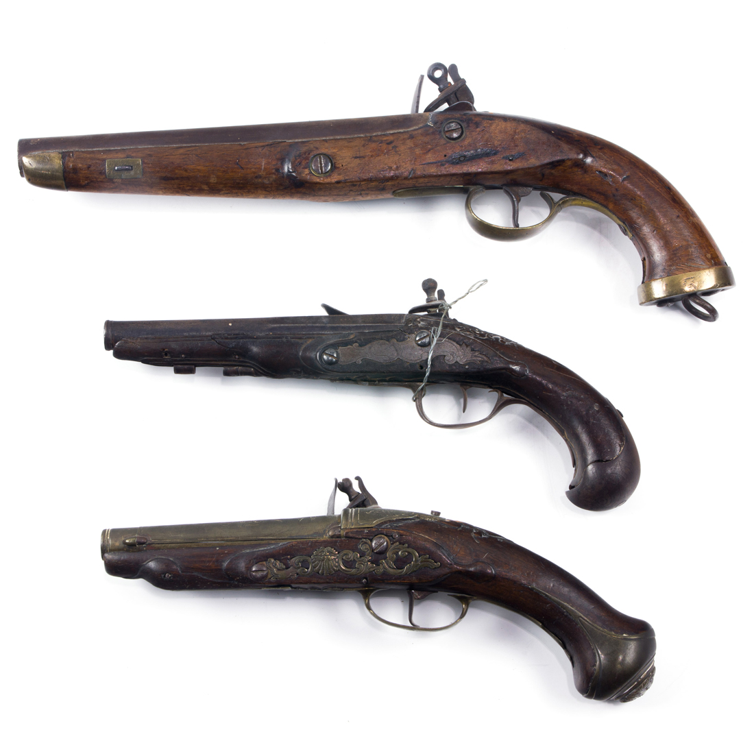 (LOT OF 3) ANTIQUE FLINTLOCK PISTOLS,