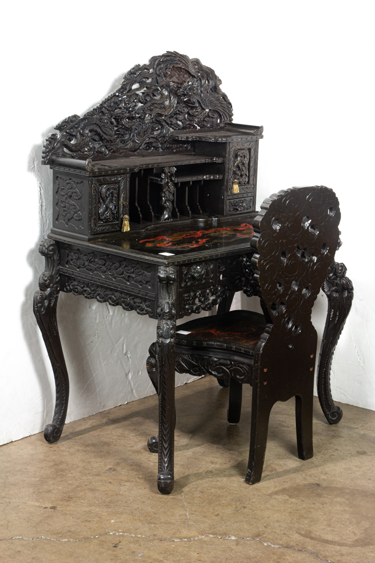 JAPANESE CARVED WOOD DESK AND CHAIR